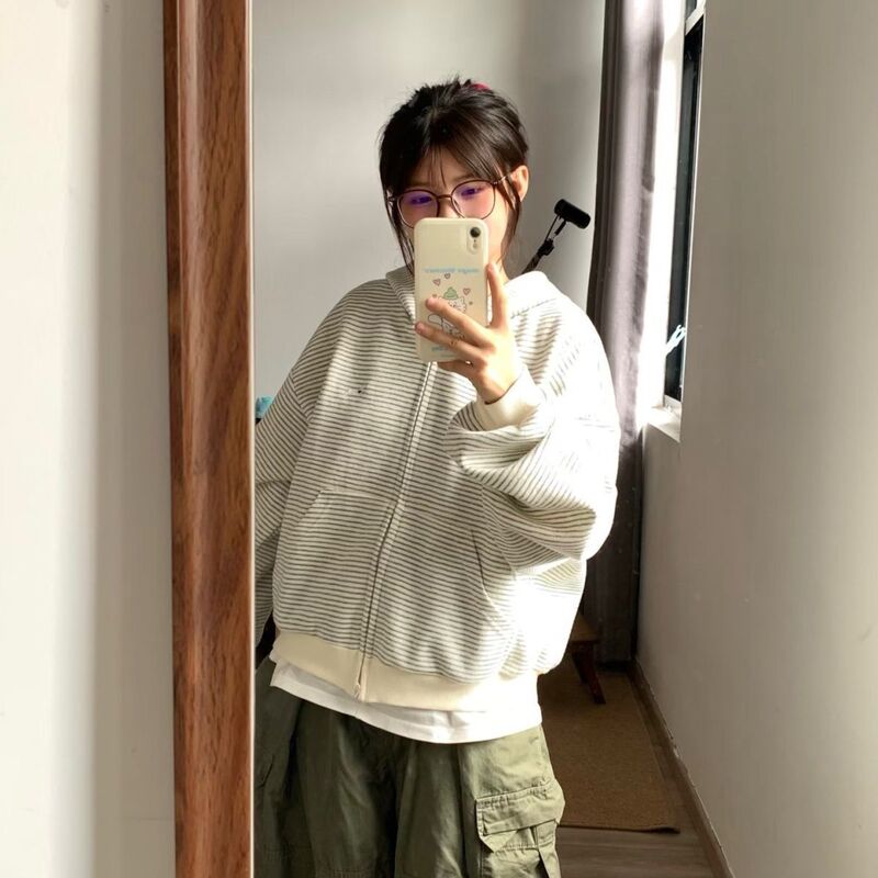 韩系慵懒开衫条纹卫衣外套女2025秋季新款chic港风宽松连帽上衣服|undefined