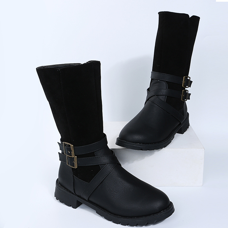 Damenschuhe, Martin-Stiefel mit mittlerer Röhre, Gürtelschnalle, runder Kopf, niedriger Absatz, Ritterstiefel mit seitlichem Reißverschluss, Lederstiefel_voghion.com