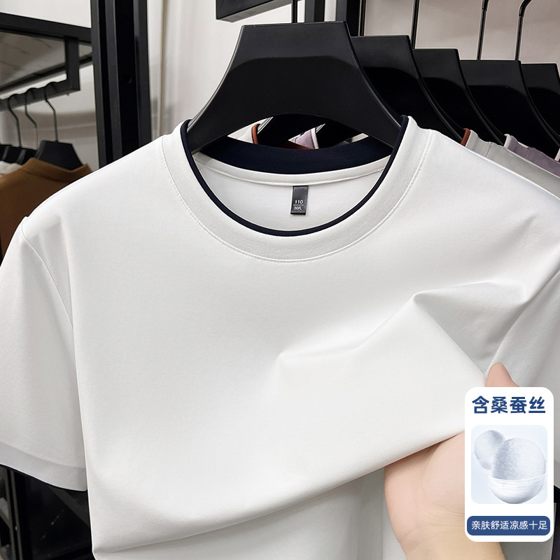Middle-Aged Men's Mulberry Silk Round Neck Short-Sleeved T-Shirt 2026 Summer Cool-Feeling Half-Sleeved T-Shirt Top Cross-Border Wholesale Middle-Aged Men's Mulberry Silk Round Neck Short-Sleeved T-Shirt 2026 Summer Cool-Feeling Half-Sleeved T-Shirt Top Cross-Border Wholesale