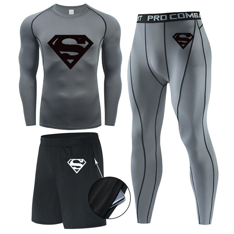 Traje de hombre de compresión de tres piezas de secado rápido medias de manga corta para correr traje deportivo ropa de entrenamiento de baloncesto gimnasio