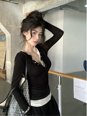 大码美式辣妹V领正肩长袖t恤女2025新款秋季打底衫胖MM假两件上衣