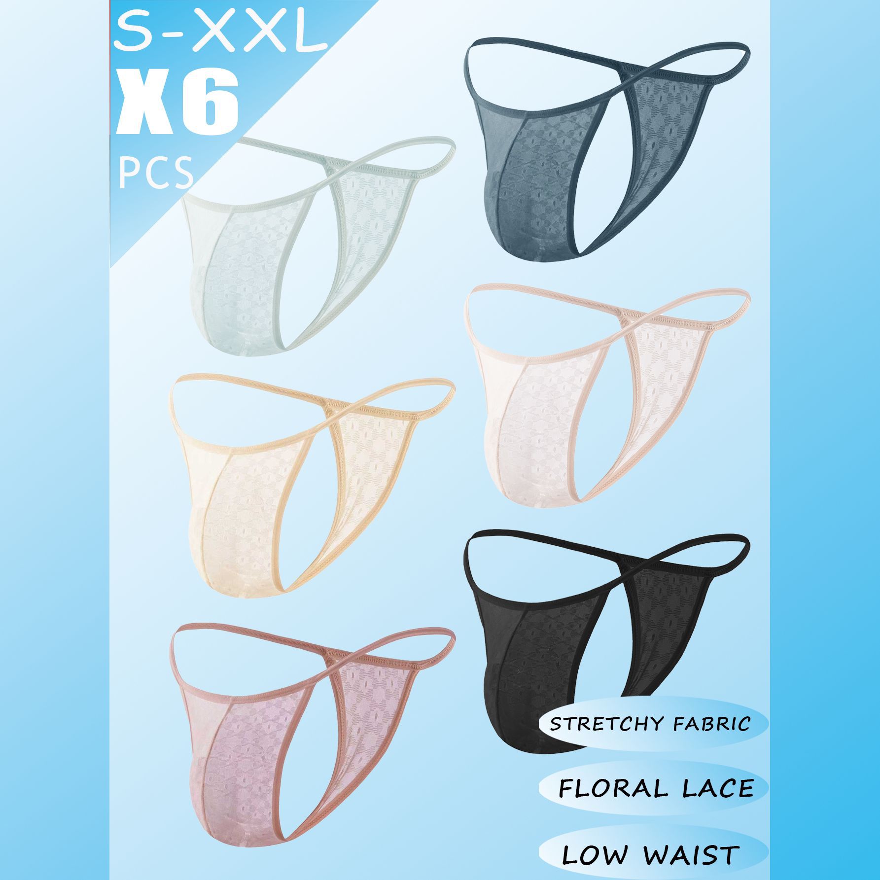 European and American 6-Piece Seamless Breathable Sexy Men's Lace Pattern Thong Cross-Border Underwear Wholesale