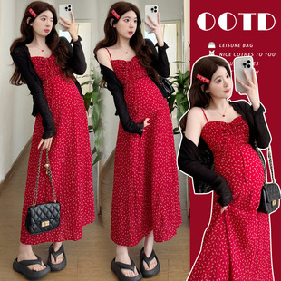 Maternity 2025 Summer New Red Slim Chiffon Slip Skirt Cardigan Two-piece Set Pregnant Women's dress