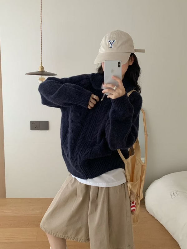 翻领加厚针织毛衣开衫外套女秋冬新款宽松慵懒风显瘦百搭气质上衣|undefined