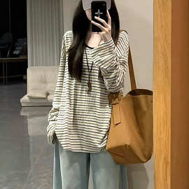 原版色织雪花韩系oversize宽松慵懒条纹松弛感长袖T恤女上衣外穿