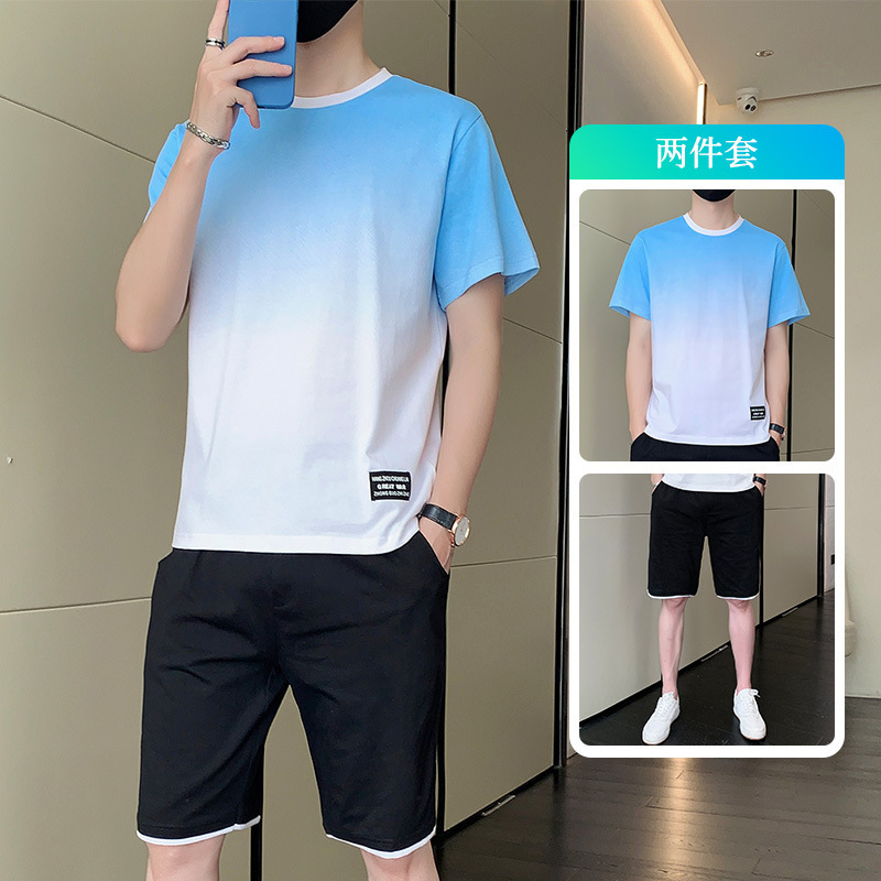 Nueva camiseta de manga corta de hombre marca de moda de verano de color gradiente de algodón de dos piezas set de ropa deportiva de verano de hombre