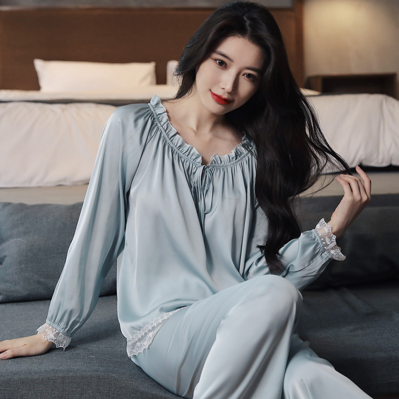 New style pajamas Women's Spring and Autumn Summer Ice Silk thin French Princess court style sweet long sleeve suit homewear New style pajamas Women's Spring and Autumn Summer Ice Silk thin French Princess court style sweet long sleeve suit homewear