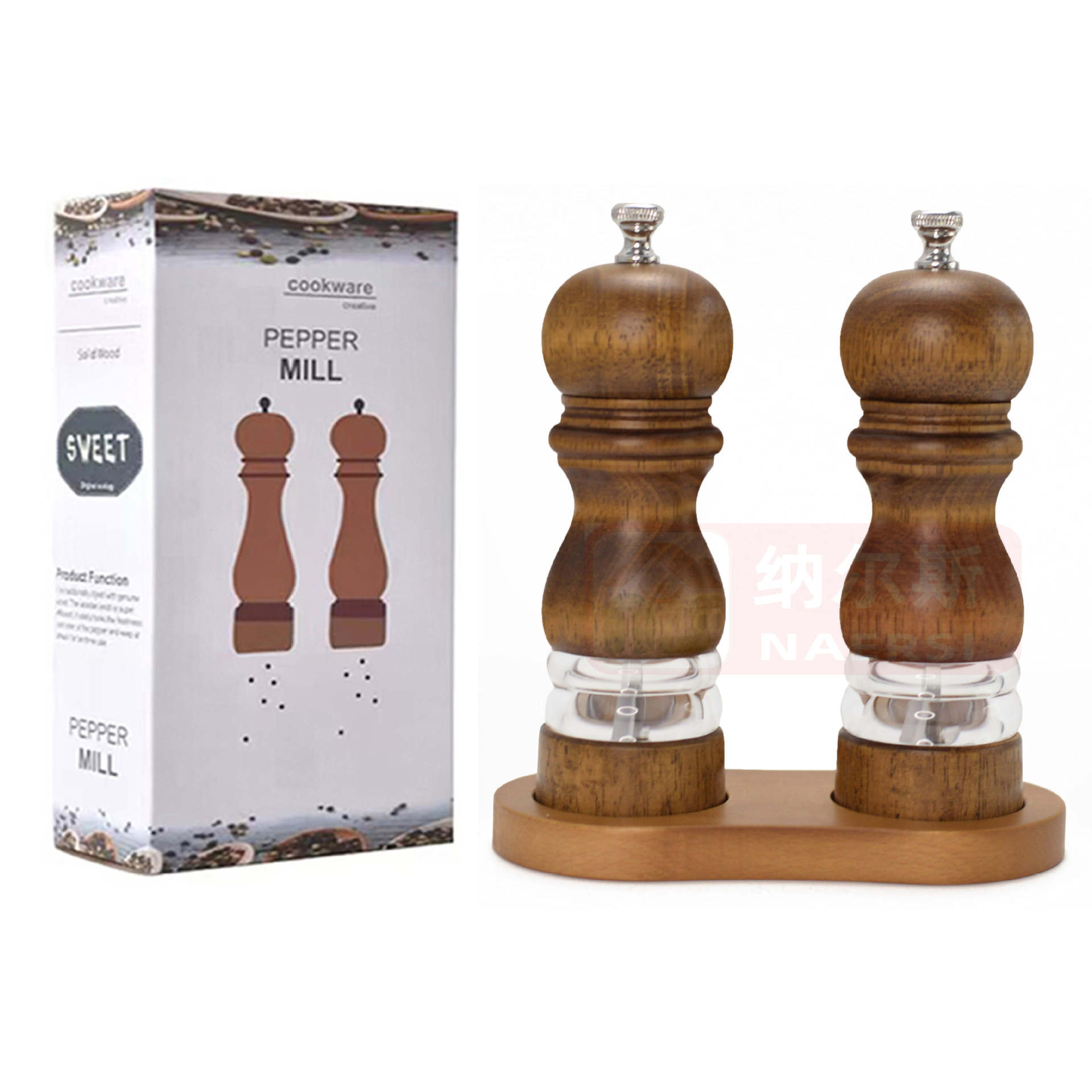  Molinillo manual de pimienta o sal, cuerpo acrílico y núcleo cerámico, diseño clásico de madera, utensilio de cocina