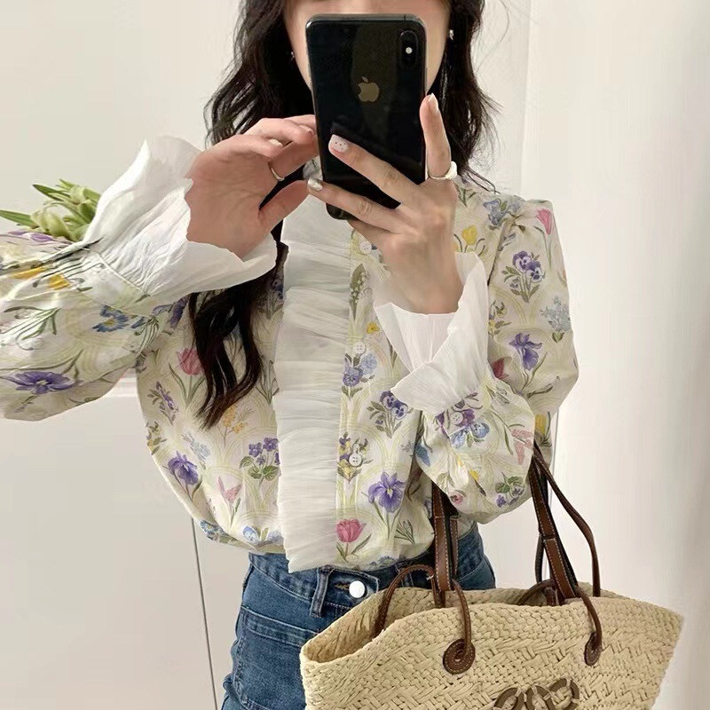 Korean Summer French-Style Romantic High-Neck Patchwork Ruffle Floral Print Design Bell-Sleeve Shirt Women's Top