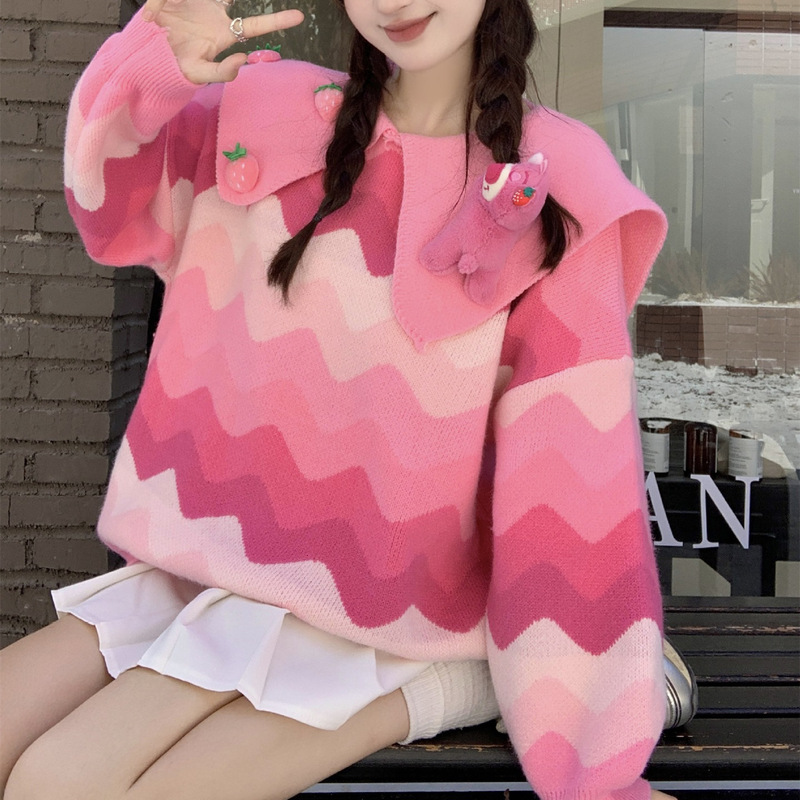 High-grade navy collar pink strawberry bear hooded sweater women's 2024 autumn and winter new loose sweet knitted top