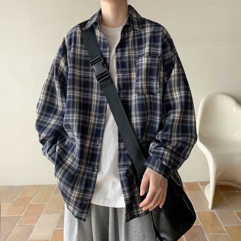 Retro plaid shirt men's long sleeve Spring and Autumn New loose sense boys shirt jacket one-piece
