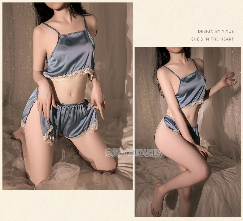 Women’s Sexy Split Sling Lingerie Set with Shorts and White Stockings, Pink One Size — detail image 29
