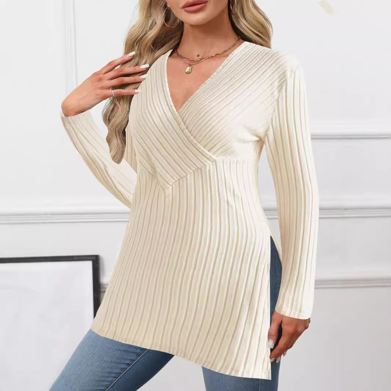 Cross-Border Plus-Size Women's Clothing European and American Amazon Autumn and Winter New Long-Sleeve Solid Color V-Neck Casual Home Ribbed Top Cross-Border Plus-Size Women's Clothing European and American Amazon Autumn and Winter New Long-Sleeve Solid Color V-Neck Casual Home Ribbed Top