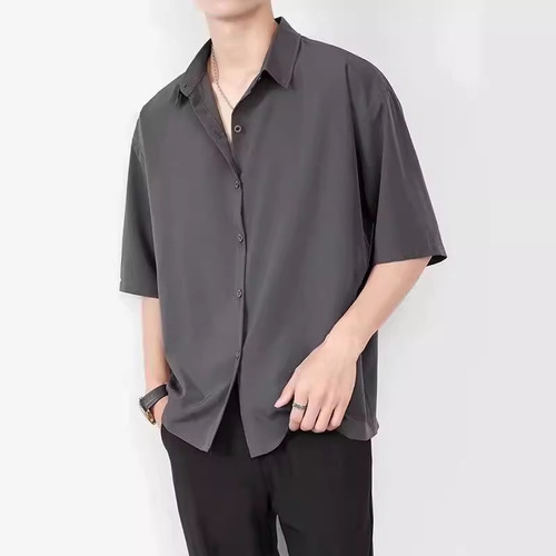 Summer Trend Brand Thin Loose Casual Ice Silk Shirt Men's Short Sleeve Black Hong Kong Style Sheer Feel Iron-Free Shirt
