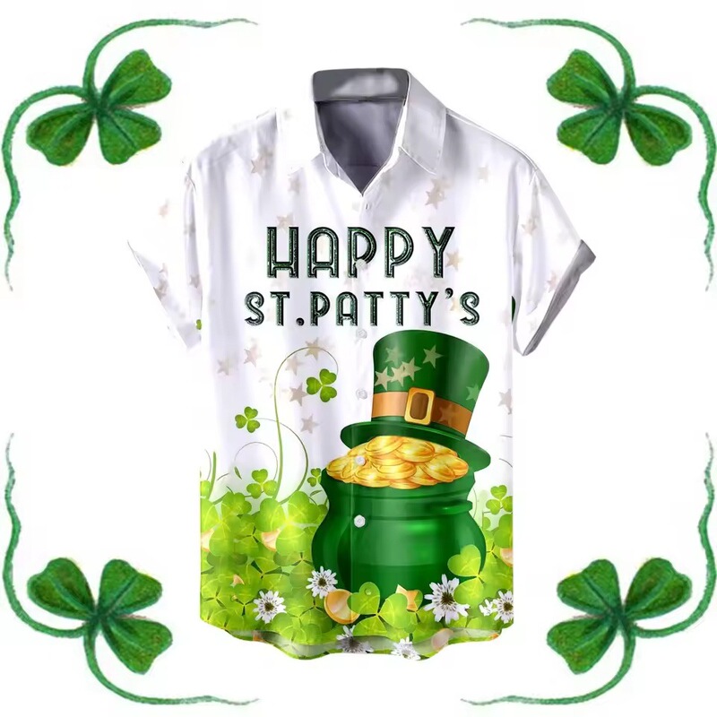 2025 St. Patrick's Day Men's Shirt Holiday Green Clover Print Lapel Short Sleeve Shirt