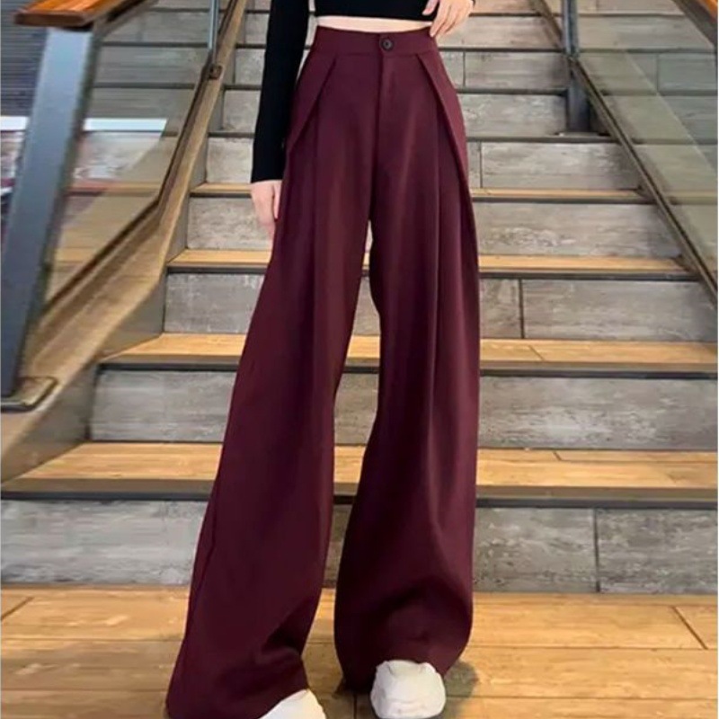 Damenbekleidung Design plissierte Hose mit weitem Bein für Damen im Herbst, neue gerade Anzughose mit hoher Taille, lässige Hose mit drapierter Textur_voghion.com
