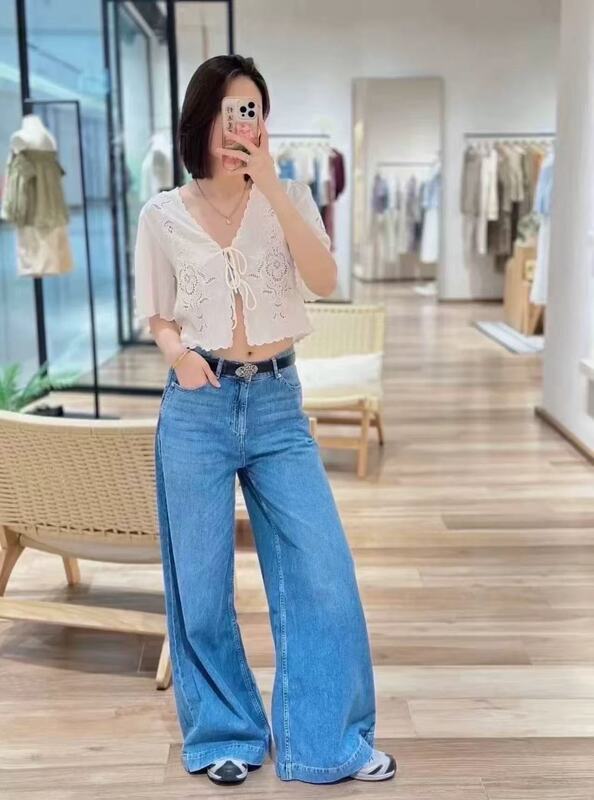 法式BA家25夏季新品甜美刺绣花卉镂空系带波浪边V领宽松衬衫上衣|undefined