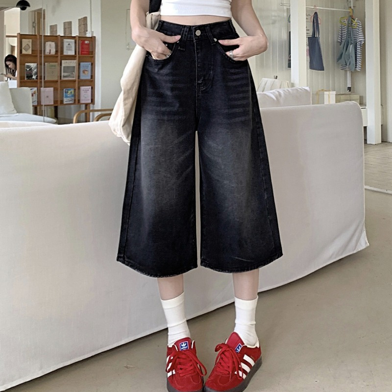 Black Cropped Denim Shorts for Women, Summer New Retro High-Waisted Straight Loose Wide-Leg Slimming Mid-Length Shorts