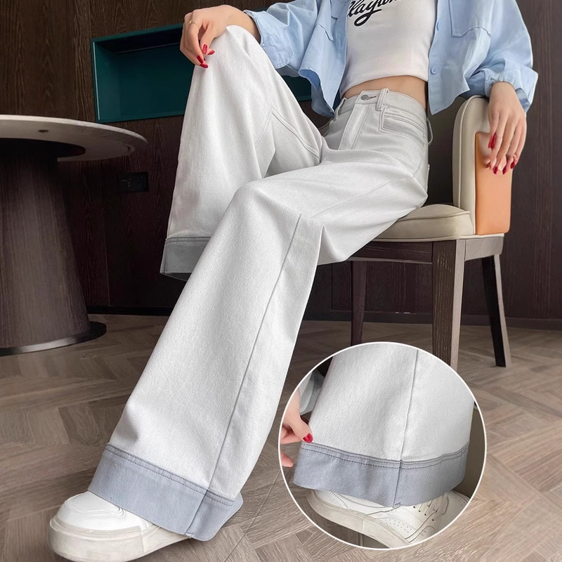 High-grade gray loose wide leg big horn jeans women's spring 2025 new contrast color stitching white pants