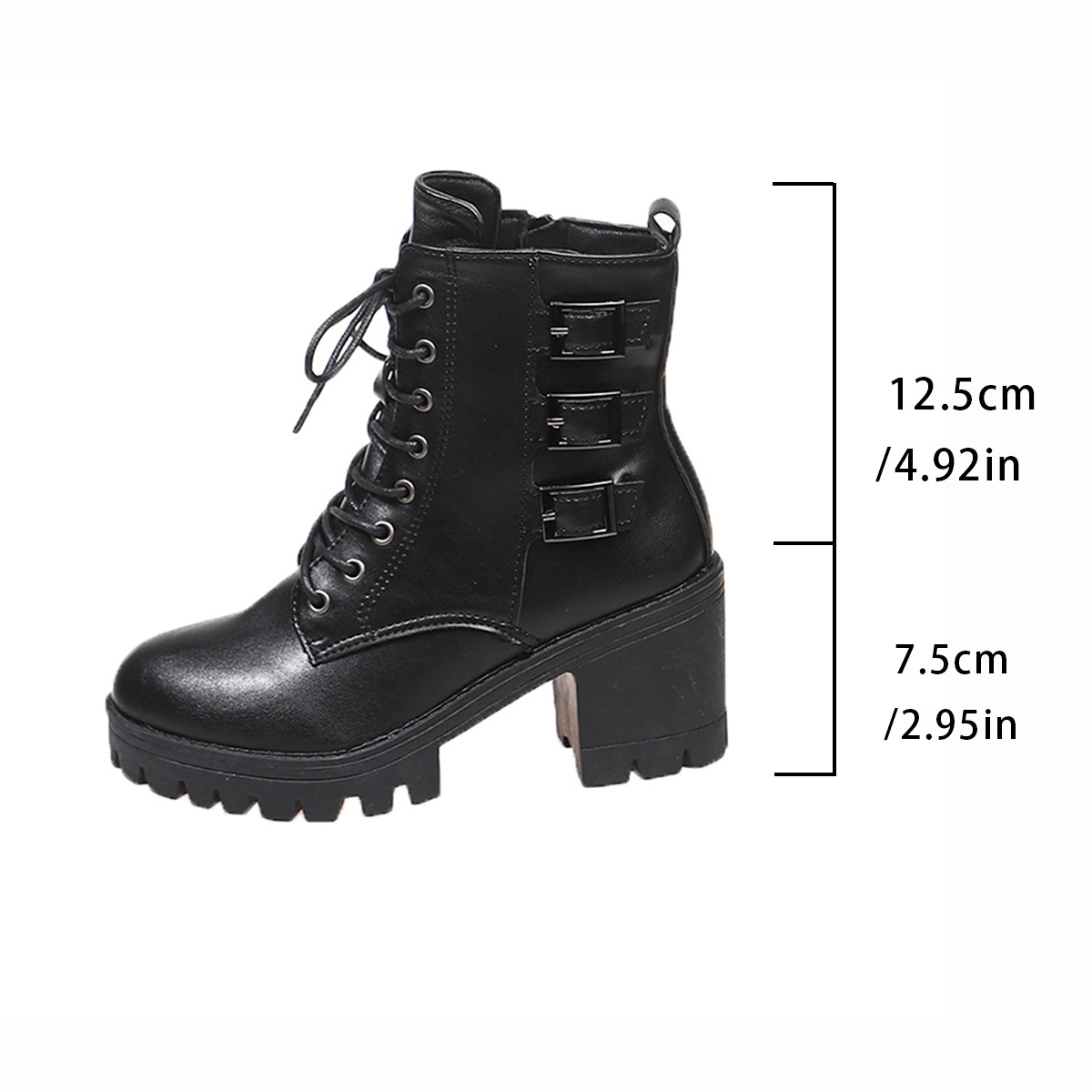Damen-Motorradstiefel im britischen Stil mit hohem Absatz, Gürtelschnalle, aus PU-Wildleder, in Übergröße, einfarbig schwarz, mandelförmige Zehenpartie_voghion.com