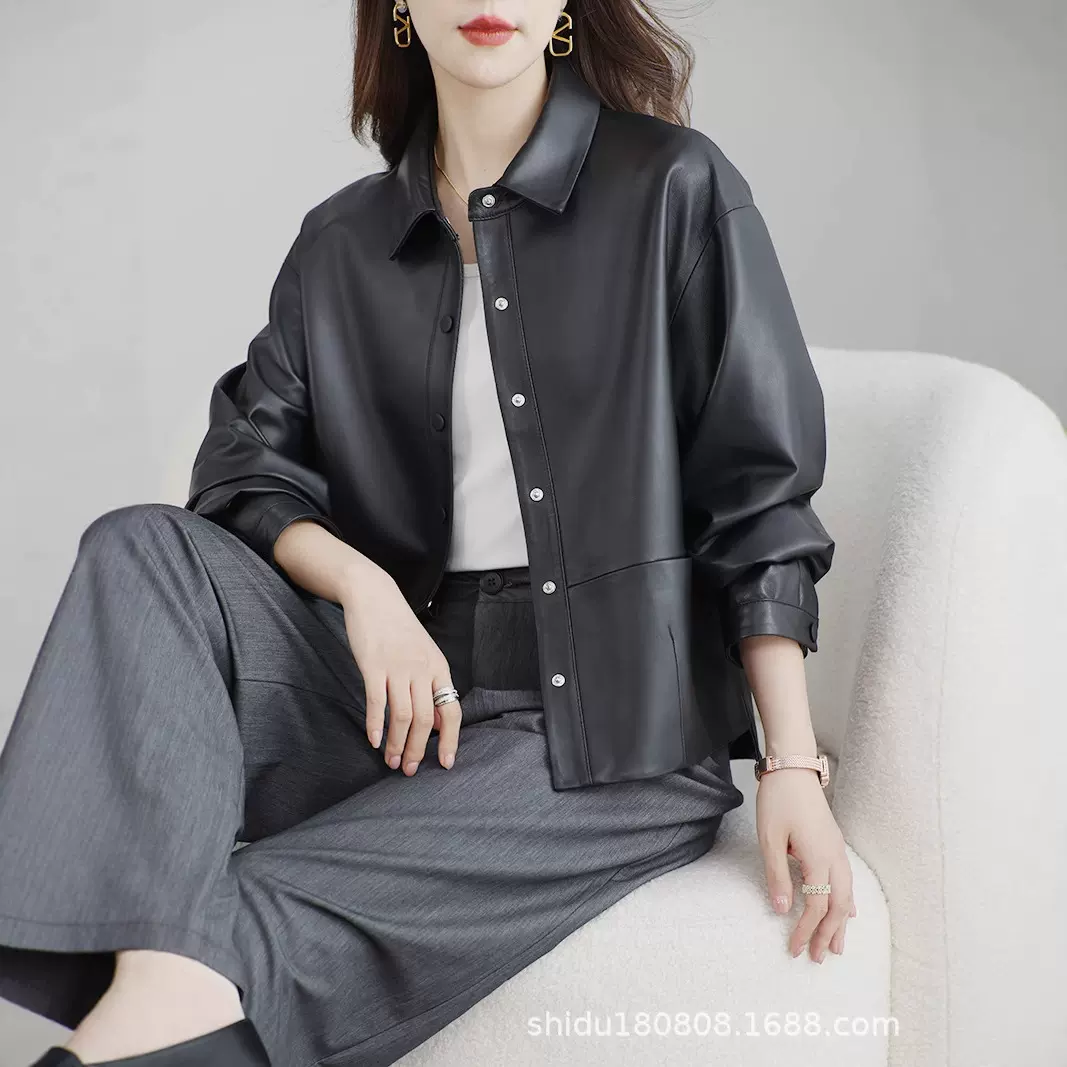 真皮绵羊皮皮衣女衬衫领短款休闲简约夹克外套海宁通勤风