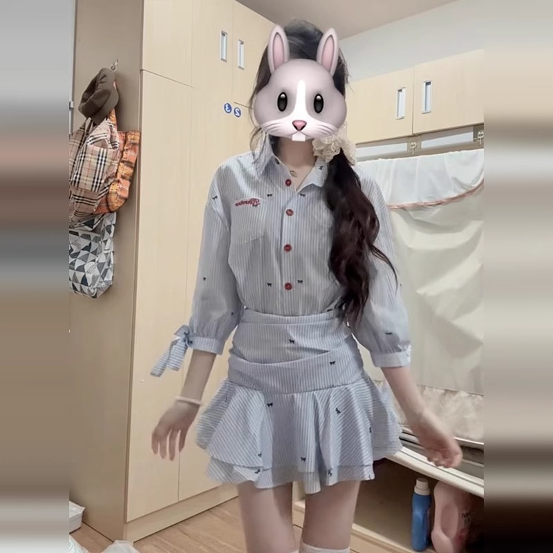 学院风miu系蓝色衬衫连衣裙子女装2025新款秋季气质收腰百褶短裙|undefined