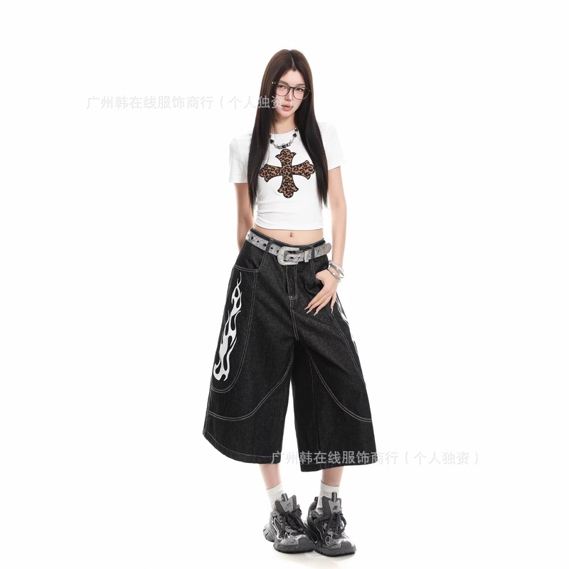 American Retro Flame Print Denim Cropped Wide-Leg Pants for Women, Leopard Print Short-Sleeve T-Shirt for Women, Cross-Pattern Spicy Girl Style American Retro Flame Print Denim Cropped Wide-Leg Pants for Women, Leopard Print Short-Sleeve T-Shirt for Women, Cross-Pattern Spicy Girl Style