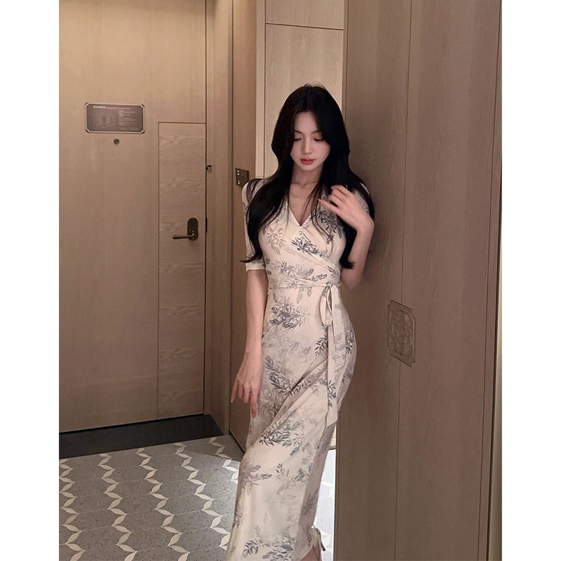 TZ3721 Gentle Style V-neck Printed dress Women's Summer New One-piece Strap Slim-fit Sexy Long Dress TZ3721 Gentle Style V-neck Printed dress Women's Summer New One-piece Strap Slim-fit Sexy Long Dress