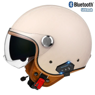 Motosiklet kaskı (dəbilqə) – electric car half helmet double - lychee-pattern-off-white-short-outside-and-tea-inside-bluetooth-m