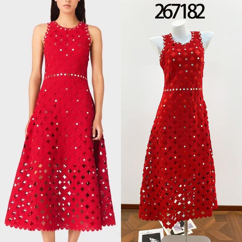 Mj's 267182 Spring/Summer New Heavy Crochet Metal Rhinestone Red Party Dress with Built-in Lining Mj's 267182 Spring/Summer New Heavy Crochet Metal Rhinestone Red Party Dress with Built-in Lining