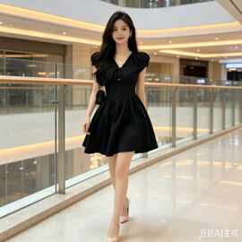 明星同款黑色V领褶皱连衣裙女2026夏季法式收腰显瘦小个子短裙