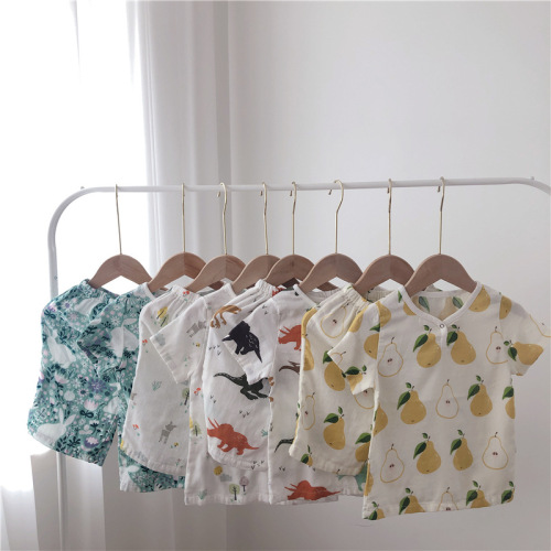 Summer bamboo cotton short-sleeved shorts set, baby home clothes, parent-child home clothes