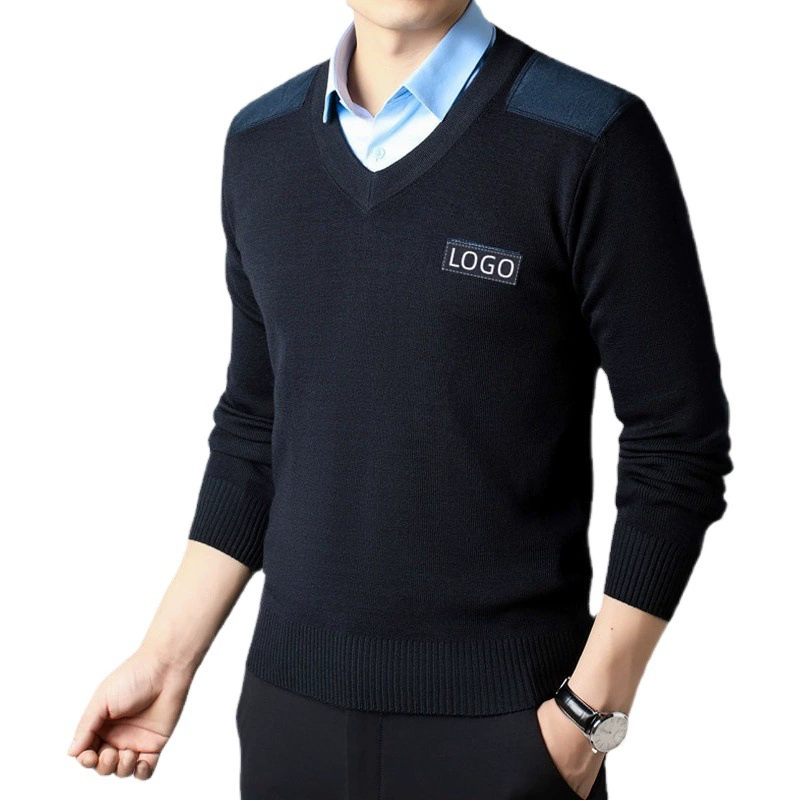 Зимняя защитная одежда Шерстяной свитер Мужской свитер с V-образным вырезом Однотонная Базовая рубашка Тибетский синий свитер с V-образным вырезом Униформа
