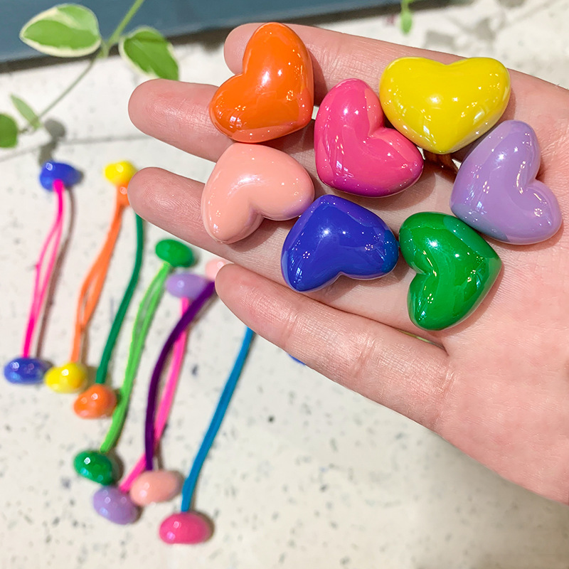 20g Weight Hair Tie Hair Accessories Type 2 Pieces Per Card Quantity Holiday, Daily Occasion Acrylic Material Color Block, Heart Shape Pattern Kid'S Gender Cute, Sweet Style Cute Sweet Kid'S Color Block Heart Shape Arylic Hair Tie 2