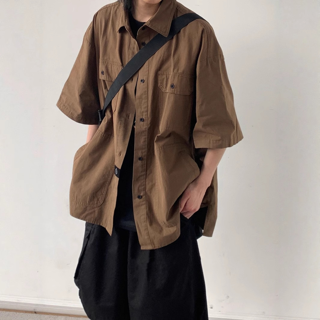 Brown Short-Sleeved Work Shirts for Men and Women Japanese Style Retro Lapel Tops Summer Student Half-Sleeved Shirts and Jackets