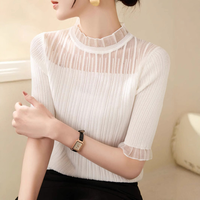 Summer New Arrival Half-high Collar Lace Knitted Sweater Women's Thin Short-sleeved French-style Wool Solid Color Base