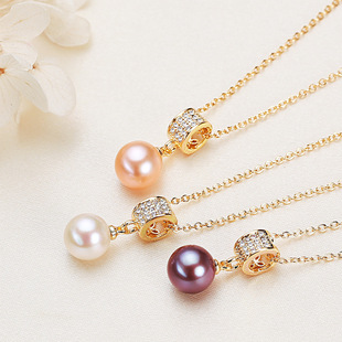Live Wholesale Purple Edison Pearl Jewelry Gift Copper Gold Plated Zircon Freshwater Pearl Pendant Necklace Women