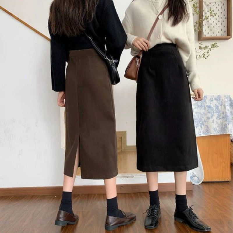 Женская шерстяная трапециевидная юбка больших размеров с высокой талией для полных девушек, черная юбка-трапеция с разрезом средней длины, модная осенне-зимняя