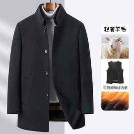 男士羊毛毛呢大衣立领水貂毛领中年保暖御寒毛内胆呢子爸爸装外套