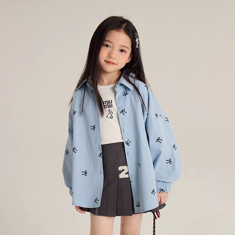 Children's Bow Print Shirt 2025 Spring and Autumn New Medium and Large Children's Korean Style Western Style Girls Casual Tops Children's Bow Print Shirt 2025 Spring and Autumn New Medium and Large Children's Korean Style Western Style Girls Casual Tops