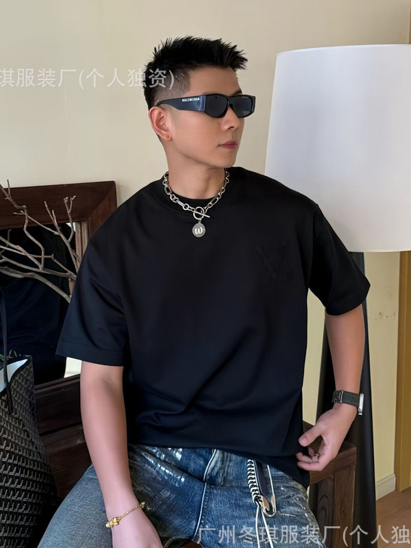 L's 新作夏スタイル中空刺繍織り刺繍文字トレンディブランドゆったりおしゃれ半袖ロバ高バージョン Tシャツ|undefined