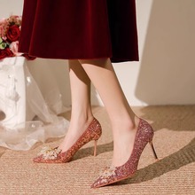 秀禾服婚鞋女2025年新款优雅高级感法式细跟中式新娘鞋红色高跟鞋