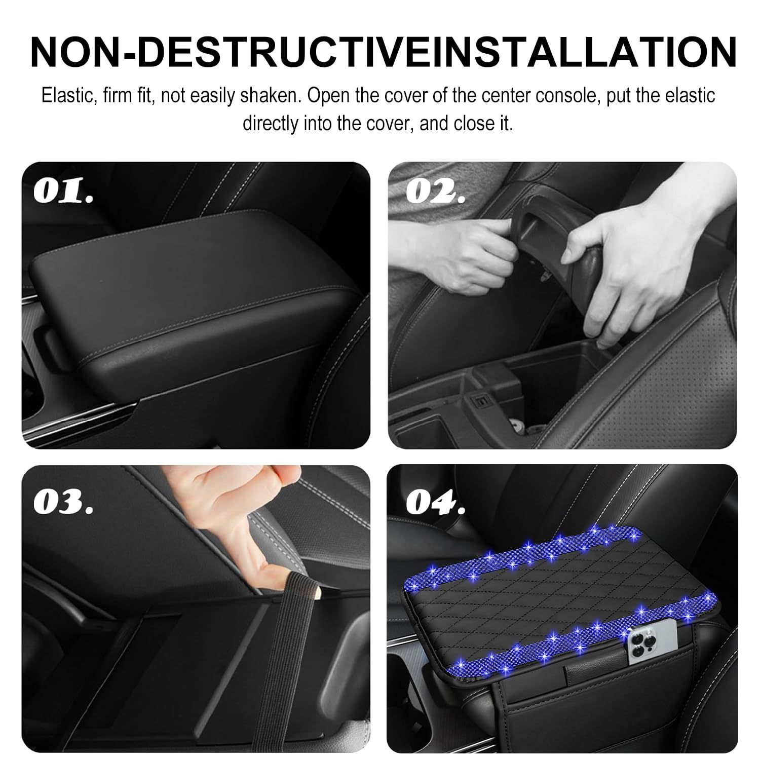Car Shiny Crystal Armrest Box Mat Center Console Cover Leather Cover Pad Storage Bag Universal Protective Pad Arm Storage