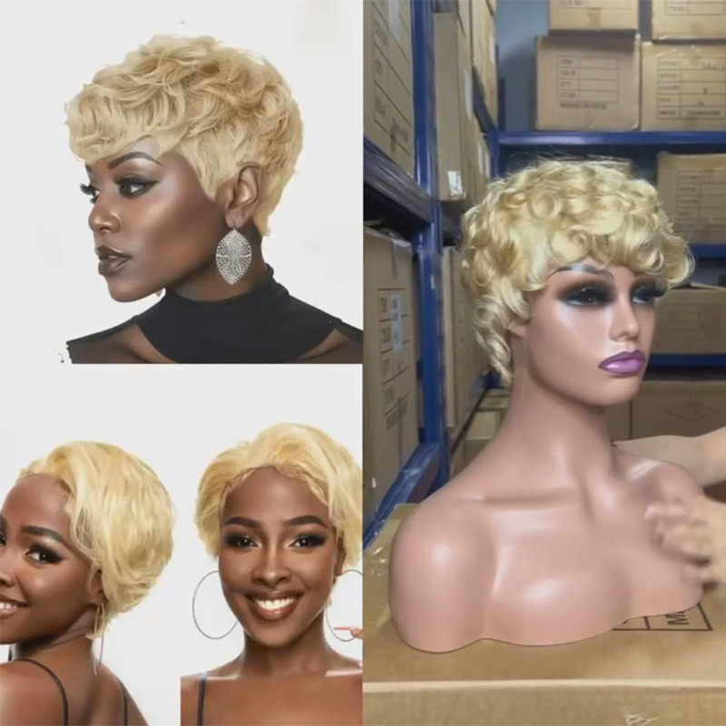 Real Hair Smooth Braided Hair Mechanism Inner Mesh Short Pixie Wig Headgear for Women Export Quality Elf Short Hair Headgear