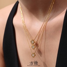 方糖不锈钢四叶花5A锆石耳钉项链套装欧美时尚百搭镀18k真金首饰