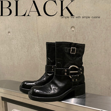 牛皮版~葡萄妈同款朋克机车短靴金属扣圆头复古粗跟西部牛仔靴女