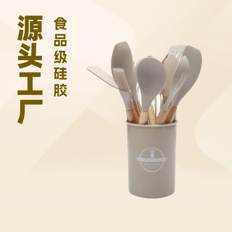 跨境硅胶厨具12件套厨房不粘锅烹饪锅铲刮铲木柄桶装厨房工具套装|undefined