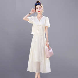 新中式国风套装连衣裙女装夏季2024新款显瘦时尚气质盘扣两件套裙