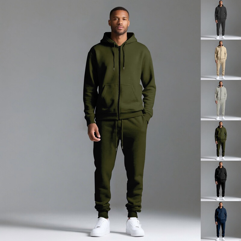 Amazon Cross-Border Autumn and Winter Men's Solid Color Long-Sleeved Long Pants Hooded Sports Casual Fleece Warm and Comfortable Suit for Men