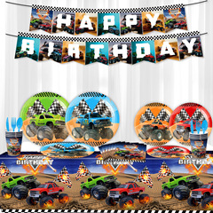 新品大足車モンスタートラックテーマ誕生日パーティー装飾使い捨て紙皿ペーパータオルバナー旗テーブルクロス